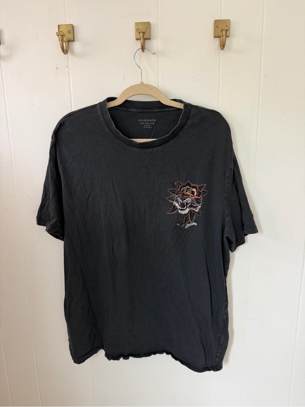 All Saints Black Short Sleeve Tee with Floral Skull Graphic